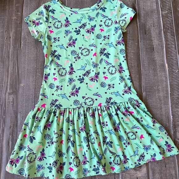 Disney Princess Girls Green Print Short Sleeve Dress S - Picture 1 of 5